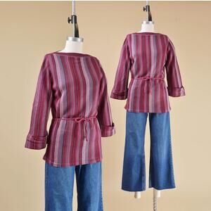 Vintage 70s Purple Striped Sweater Boatneck Boho Hippie Knit Top size XS S